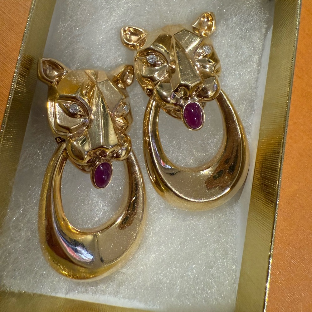 14k solid Gold Panther Earrings with Red Accent. 38.80 grams - Picture 3 of 7